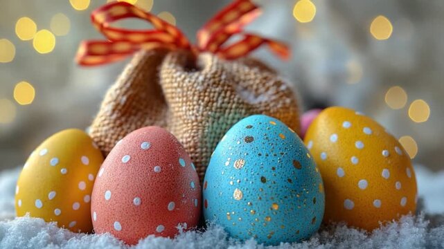 Colorful Easter eggs sit atop a snowy surface, perfect for seasonal decorations or holiday-themed graphics