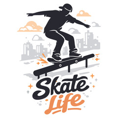 Naklejka premium Dynamic skateboarder performing a grind trick on a rail in urban setting illustration with stylish typography saying skate life