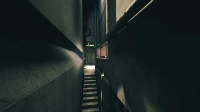 Angled corridor framing distant vertical light, tight concrete walls, narrow stair path, subtle dust motes, cinematic suspense and claustrophobic tension