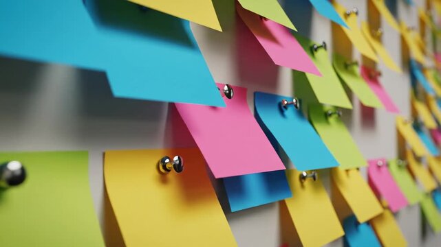 Video featuring a minimalist wall covered in bright pinned reminder notes forming a dynamic abstract composition, brainstorming strategy, startup workflow and time management theme for contemporary