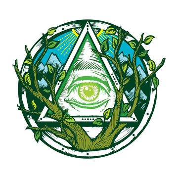 Third Eye Enlightenment with Nature Elements, Mountains and Tree Branches Circular Illustration.