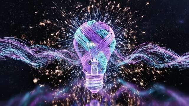 Abstract glowing light bulb with energy waves and sparks in a starry night sky