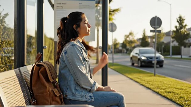 Young woman patiently waits at a sunny bus stop with her backpack by her side
