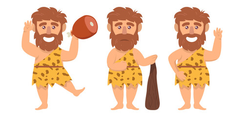 Cute caveman mascot designs set.