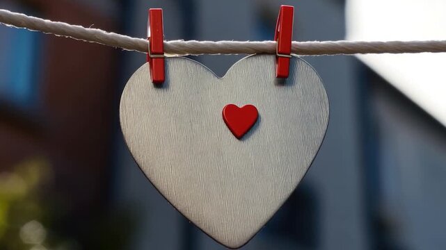 A metal heart hangs on a clothesline, ready to rust