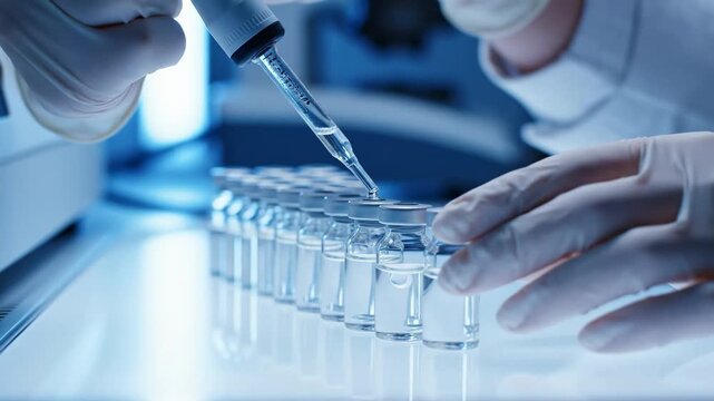 Precision micropipette dispensing liquid into a row of small transparent vials arranged in geometric alignment, minimal human presence with only anonymous gloved hands visible, clean high-key