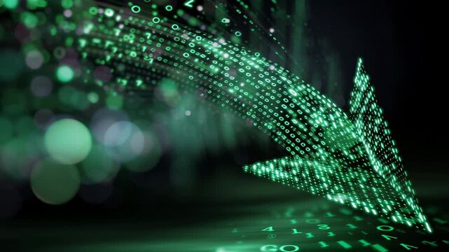 Flickering particles and vibrant neon create immersive depth, Vivid green digital corridor with flowing data streams and cinematic visual effects