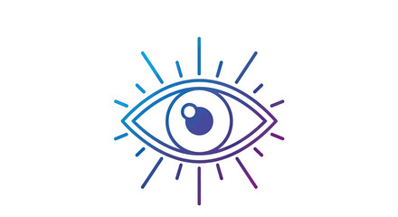 A vector illustration of a stylized eye with rays emanating, in blue to purple gradient on white