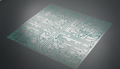 Close view of a green patterned photoresist layer resembling an intricate electronic circuit board