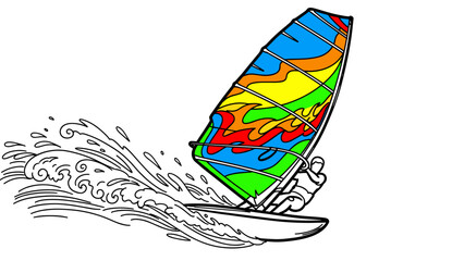 Vibrant windsurfing adventure with colorful sail and splashing waves