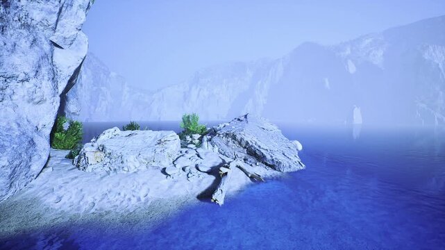 Icy blue rocky shoreline at dawn, dramatic cliffs receding into mist with small green shrubs on ledges, glassy water reflecting pale sky, cinematic drone