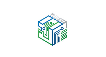 A digital cube logo featuring blue and green circuit board designs on a white background