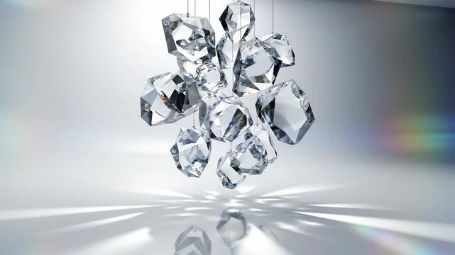 Suspended crystal fragments concept rendered in a bright minimalist space, clear geometric glass pieces floating against a soft gradient white-to-silver backdrop, gentle caustic light patterns dancing