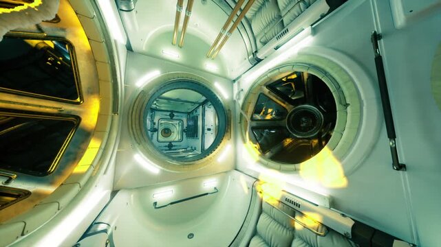 Central hub junction space station modules converge under yellow lighting, structural beams and circular openings create dynamic architectural vista