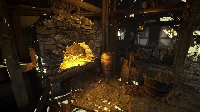 Glowing bread oven and empty work area, flour dust on floor and barrels waiting, warm ember light contrasting cold window silhouettes, quiet predawn bakery mood
