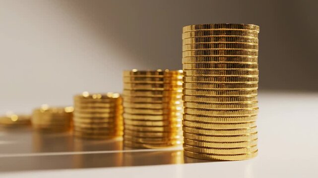 Financial Growth Chart \'96 gold coins rising graph concept, clean studio environment with stacks of polished gold coins arranged in ascending order from left to right forming a clear upward