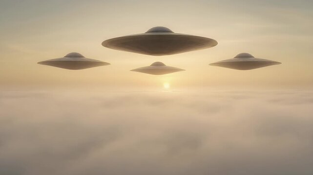 Futuristic Flying Saucers Hovering in Misty Sky During Sunrise