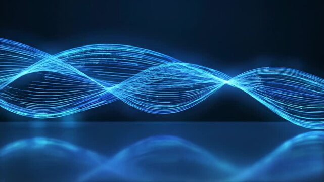 Video of flowing blue light trails creating curved motion wave element, futuristic data speed concept, abstract digital background for innovation themes with semi-transparent lines overlapping in