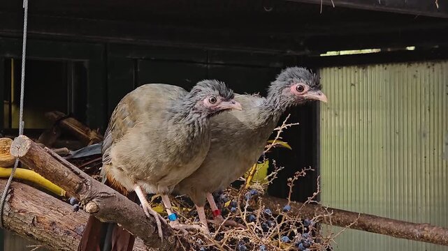 Close up of two rufous-vented chachalaca birds sitting on a tree branch and watching on a sunny spring day