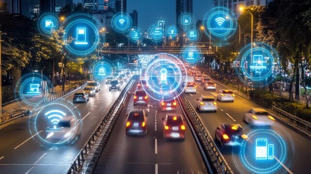 night city traffic with smart icons overlay showing connected vehicles iot sensors data streams and navigation signals over busy multilane highway neon lights