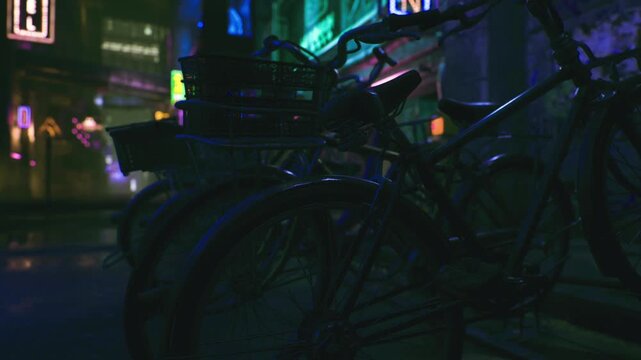 Row of vintagestyle bicycles parked on Bangkok lane, neon signs and warm window lights blending with cool street shadows, nostalgic mood suggesting tourist