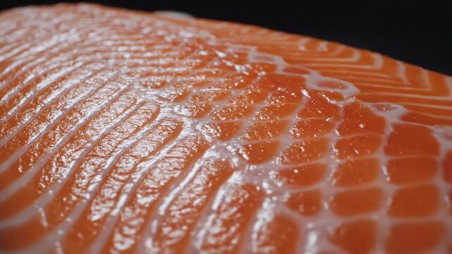 Extreme macro cinematic glide across the surface of a fresh salmon fillet, camera moving slowly along the marbled fat lines as if traveling over a vivid organic landscape, dramatic raking light