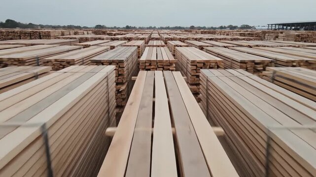 Lumber Yard Timber Pile captured in an outdoor setting under soft overcast light, long stacked planks forming rhythmic parallel lines stretching into the distance, muted earthy color palette of warm