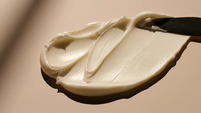 Organic shea butter spread in abstract wave patterns across a matte beige background, top-down studio shot emphasizing organic curves and subtle ridges formed by a palette knife, diffused window light