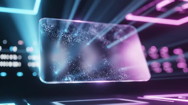 Video of an abstract glassmorphism UI card hovering in a dark environment, frosted translucent panel design for futuristic operating systems and mobile app concepts, glowing edge illumination, subtle