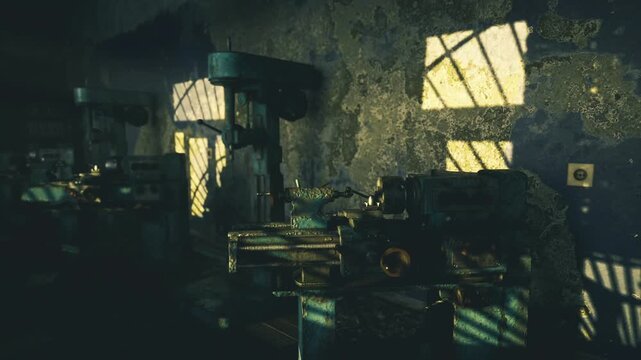 Machines displayed under golden dusk light, preserved tooling lined like artifacts on benches, warm patina and calm exhibition vibe reflect industrial heritage