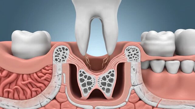 Dental Surgery Procedure Visualization \'96 semi-realistic 3D medical render showing the gradual elevation of a compromised molar from its socket, cross-section revealing periodontal ligament