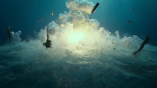 Sunken Shipwreck in Deep Ocean with Cracks and Sunlight Filtering Through Water