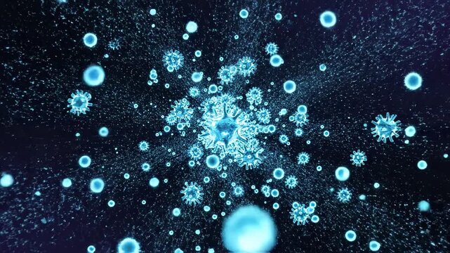 Microscopic infection spread concept rendered in high-contrast dark environment, luminous pathogen-like forms pulsing faintly in deep indigo space, suspended droplets and fine particulate matter