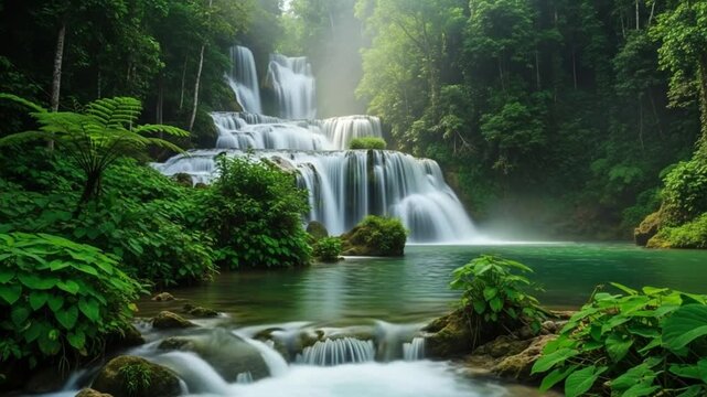 Waterfall cascading down rocks in a lush green forest