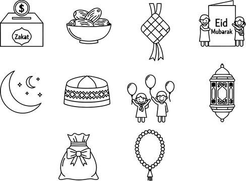 Eid Mubarak Icon Collection: Zakat Box, Dates, Kids, Lantern, Moon, Cap, Balloons, and Gift Bag