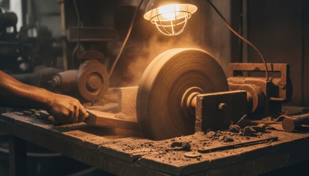 Artisan sharpening wood with a spinning grinding stone wheel under warm workshop lighting