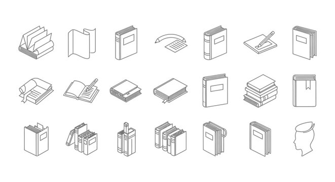 collection of isometric line art book icons representing education knowledge and literature perfect for academic and learning designs.
