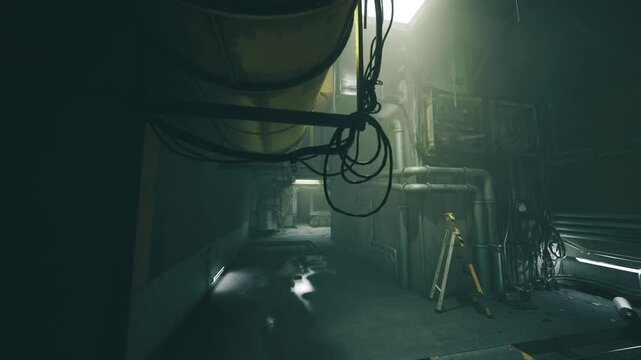 Cyberpunk service alley with neon haze, green cyan glow, exposed conduits, dripping water, scattered tools, futuristic grunge, high contrast cinematic look