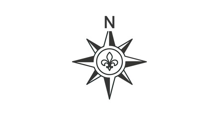 A black and white directional compass graphic on a white background, featuring a fleur-de-lis © gudangPIXEL