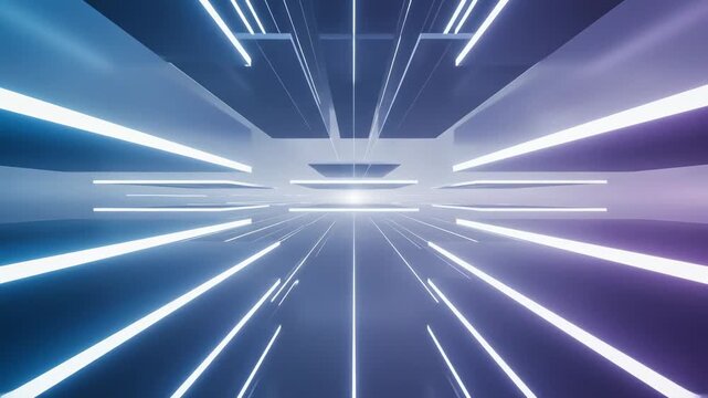 Progress and Innovation Concept rendered as layered translucent panels of light floating in a vast neutral environment, thin luminous lines extending forward in perspective like pathways into the