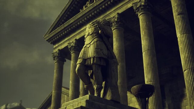 Brooding Antioch statue against temple facade. Moody lighting sculpts fluted pillars and ornate capitals atmosphere charged with stormy clouds textures of aged