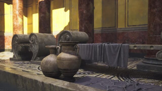 Closeup amphora and folded textile on marble ledge, warm sunlight highlights clay surface and woven pattern, suggesting daily ritual and domestic care