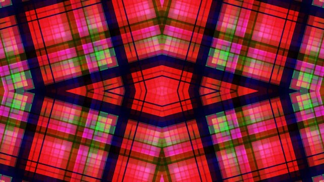 Vibrant Plaid Pattern Kaleidoscope Creating a Mesmerizing Visual Effect with Red, Pink, and Green Colors in a Symmetrical Design