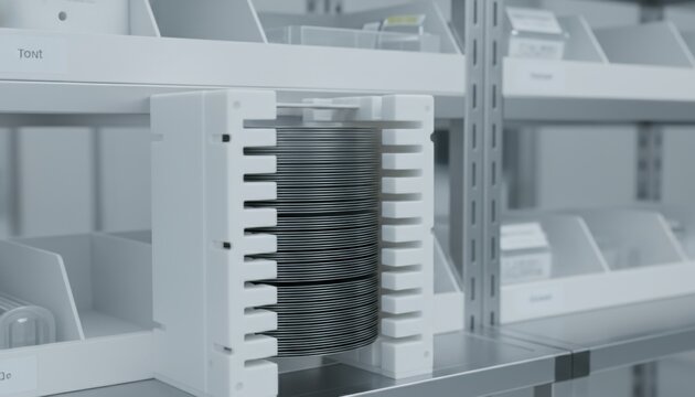 Polished silicon wafers stacked in a manufacturing storage rack, representing advanced semiconductor technology and production.