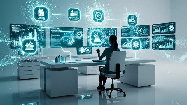 Abstract medical work process visualization featuring a simplified clinical workspace rendered in clean geometric forms, luminous data panels floating above a desk surface as a subtle silhouette