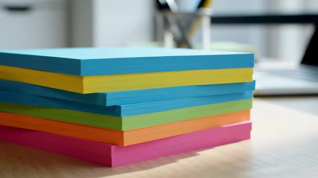 Video of Sticky Notes Stack \'96 Colorful paper reminders layered, vibrant office supplies background, productivity and organization concept, creative workspace aesthetic for business branding.