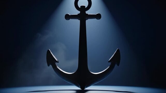 Minimalist studio interpretation of a nautical anchor suspended against a deep navy gradient background, matte black metal illuminated by a single dramatic spotlight from above, sharp sculptural