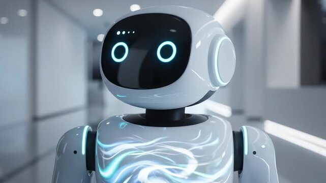 Futuristic Robotic Concierge \'97 stylized semi-physical robot figure with smooth white ceramic shell and illuminated LED accents, standing in a clean architectural space with soft indirect