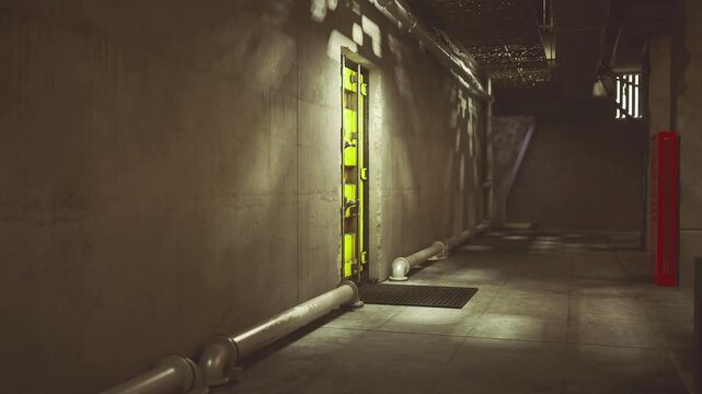 Service tunnel with highlighted ladder and utility piping, textured walls and floor create tense industrial atmosphere, suitable for maintenance scenario,