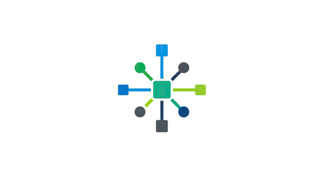 Colorful network diagram with a central square and radiating nodes